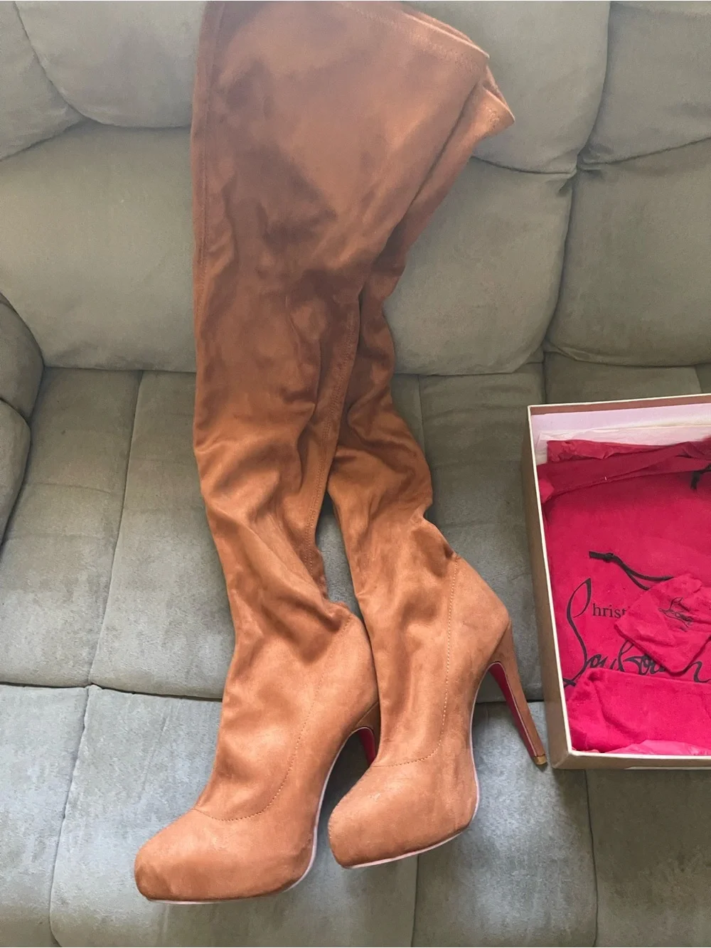 Christian Louboutin Over-the-Knee Suede Boots in Chestnut Brown with Red Soles